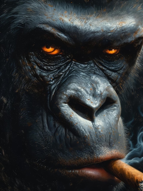 Foto close-up di un gorilla che fuma un sigaro