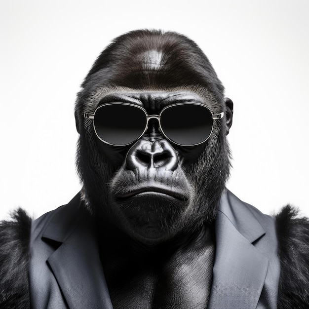 Closeup of Gorilla with sunglasses on white background