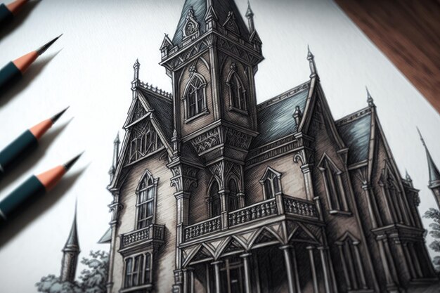 Closeup of gothic house with intricate detailed pencil sketch