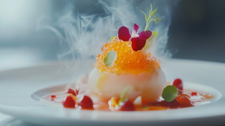 Photo closeup of a gourmet dish with caviar a flower and a sprig of greenery served on a white plate with a red sauce and smoke coming from it