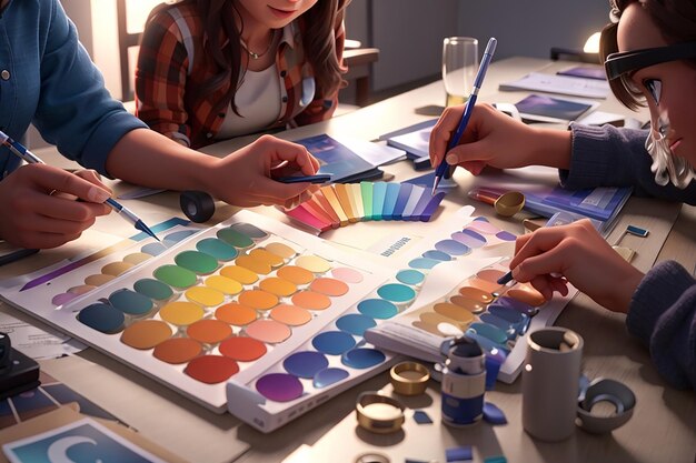 Фото Графические дизайнеры, работающие вместе в команде, рассматривают образцы цветов.