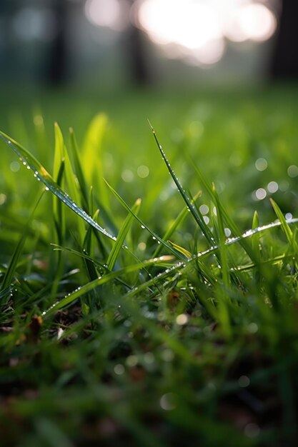 Closeup of grass blades with selective focus and bokeh created with generative ai