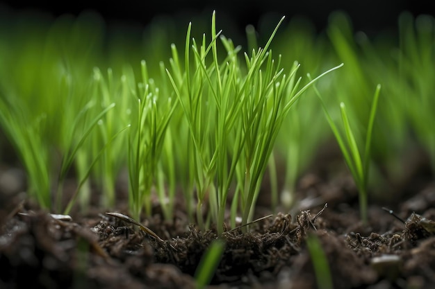 Closeup of grass seedling growing in soil created with generative ai