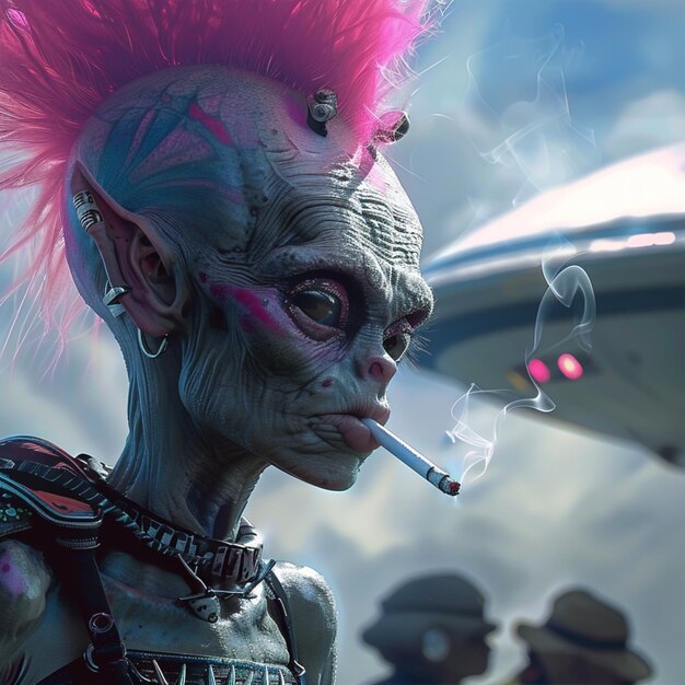 A closeup of a gray alien with a pink punk mohawk Ai generated art