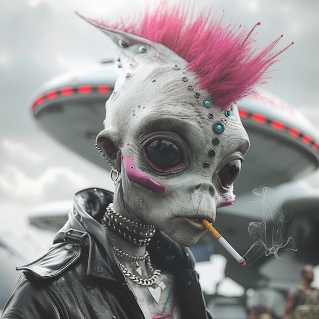 A closeup of a gray alien with a pink punk mohawk Ai generated art