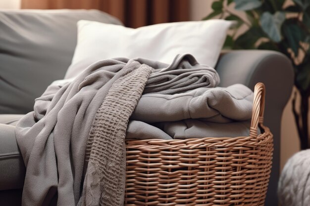 Closeup of a gray sofa with a basket of folded clothes on a small table near