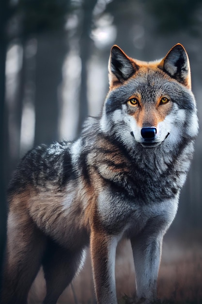 Closeup of a Gray wolf near foerst in the autumn