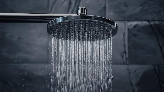 Photo closeup grayscale shot of a showerhead with water dripping down