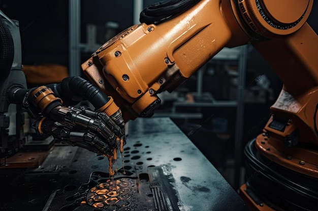 Photo closeup of greasy robotic arm being serviced by trained technician created with generative ai