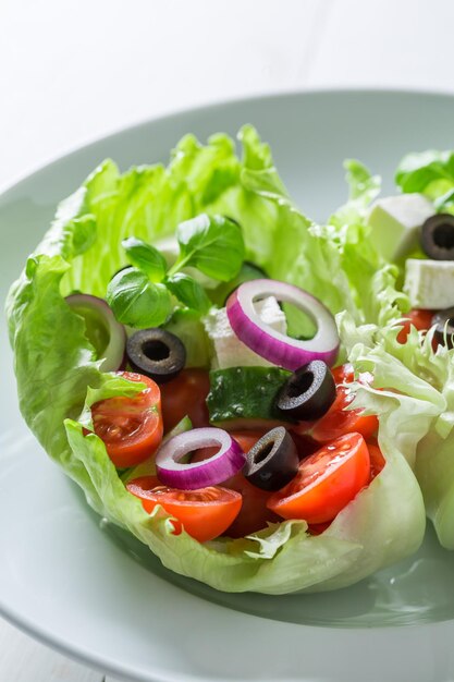 Closeup of Greek salad with feta black olives and lettuce