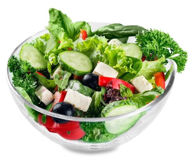 Closeup of Greek salad with feta cheese, cherry tomatoes and lettuce