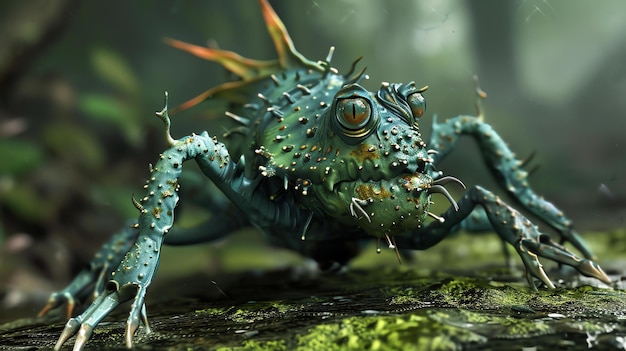 Photo a closeup of a green alien creature with a spiky exoskeleton and large yellow eyes the creature is standing on a mossy surface in a forest