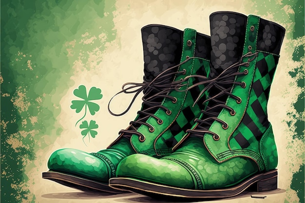 アイルランドの聖パトリックの日にレプラコーンが履くかもしれない緑のブーツのクローズアップとテキスト用の空白スペースファンタジーコンセプトイラスト絵画生成AI