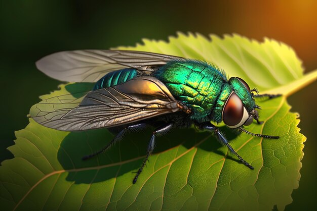 Closeup of a green bottle fly basking in the sun on a leaf