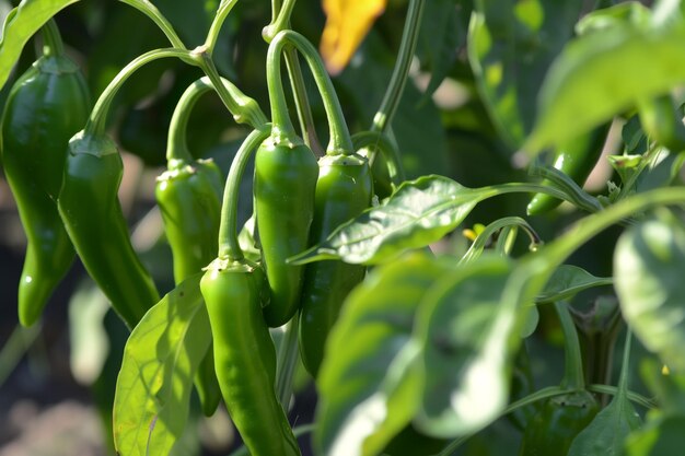 Closeup of green chili peppers on the vine