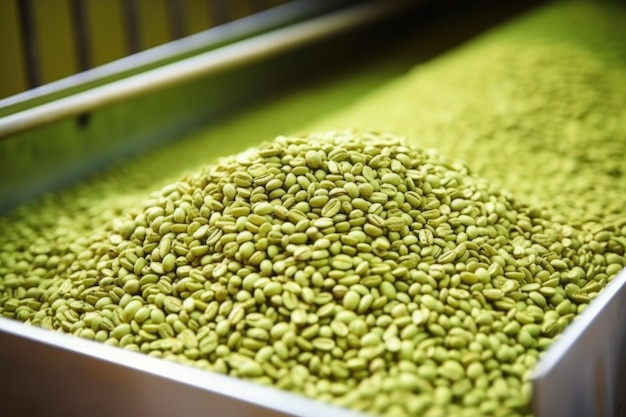 Closeup of green coffee beans in a hopper