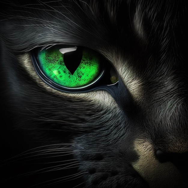 Closeup of a green eye of a black cat