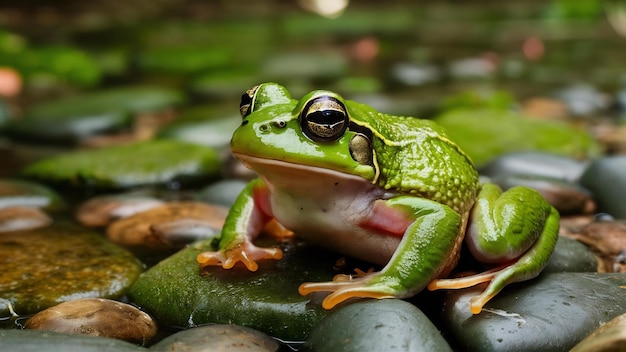 Closeup of a green frog sitting on moss covered pebbles