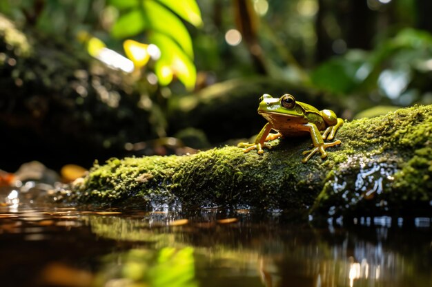 A closeup of a green frog sitting on a rock in water