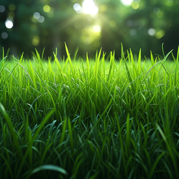 Photo closeup of green grass field with blurred trees and sunlight in the background