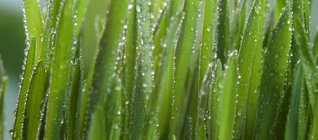 Closeup of green grass with dew macro shot with backlit water drops on fresh leaves after rain a