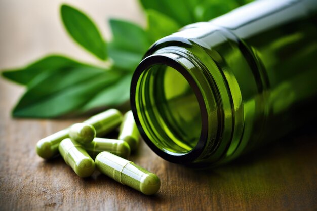 Closeup of a green herbal supplement pill bottle created with generative ai