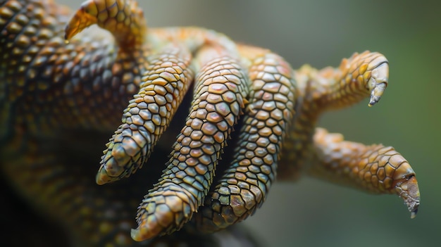 Photo a closeup of a green iguanas foot the scales are a beautiful pattern of greens and browns the toes are long and sharp and the claws are black