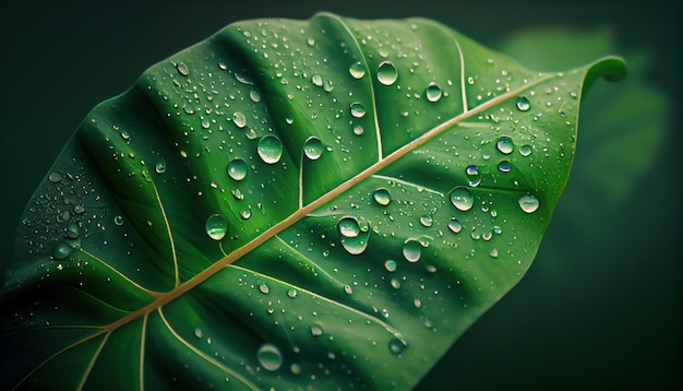 Closeup of a green leaf with raindrops realistic Al generated