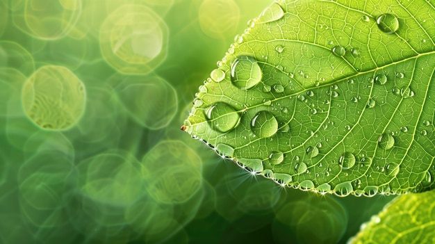 Closeup of green leaf with water droplets against bokeh background