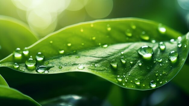 A closeup of a green leaf with water droplets under sunlight highlighting the intricate patterns and fresh appearance of the foliage