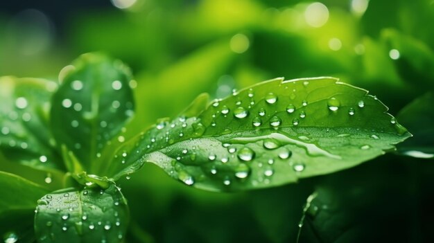 빛 아래 의 물방울 이 있는 초록색 잎 의 클로즈업 은 잎자루 의 복잡 한 패턴 과 신선 한 외모 를 강조 한다