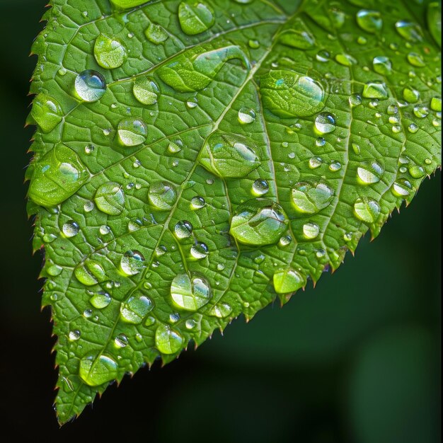 A closeup of a green leaf with water droplets under sunlight highlighting the intricate patterns and fresh appearance of the foliage