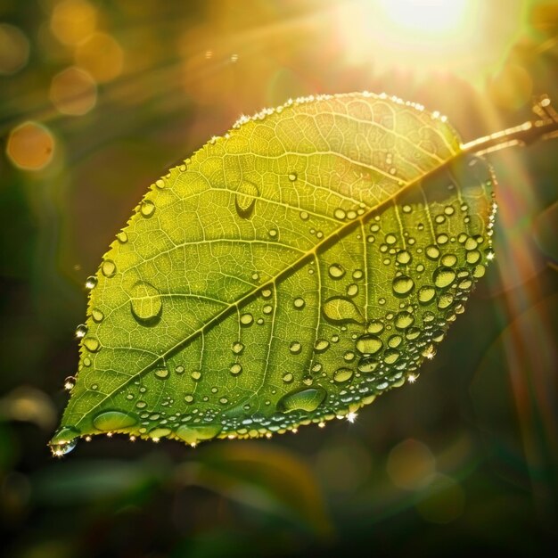 A closeup of a green leaf with water droplets under sunlight highlighting the intricate patterns and fresh appearance of the foliage