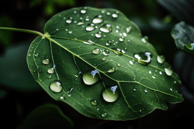 Closeup of green leaf with water droplets