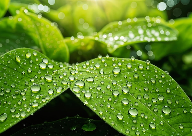 closeup of a green leaf with water droplets