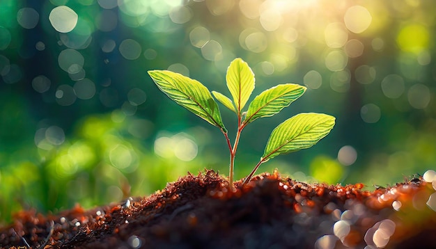 Closeup of green leafy plant growing in ground Nature and environment concept