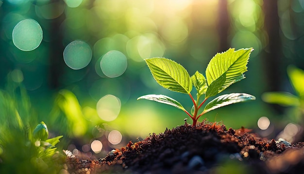 Closeup of green leafy plant growing in ground Nature and environment concept