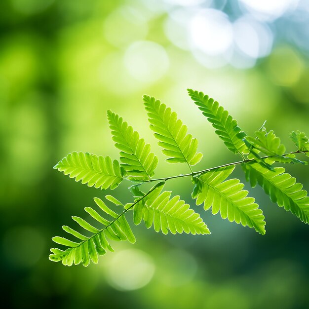 Closeup of green leaves on blurred nature background with bokeh