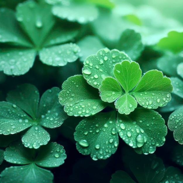 Closeup of green plant leaves with water droplets ai generative