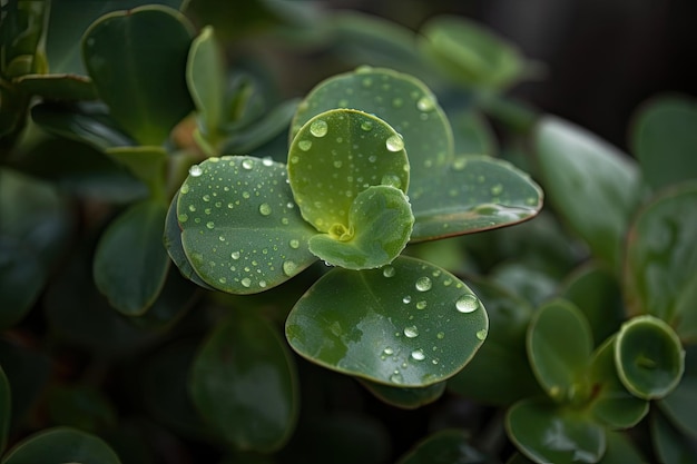 Closeup of green plant with dew drops on its leaves