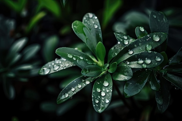 Closeup of green plant with dew drops on the leaves