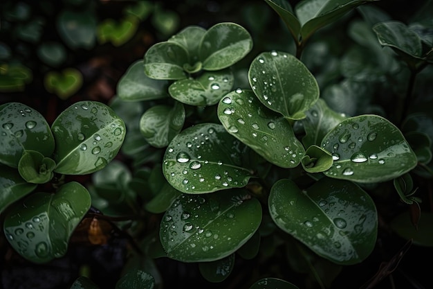 Closeup of green plants with droplets of water on their leaves