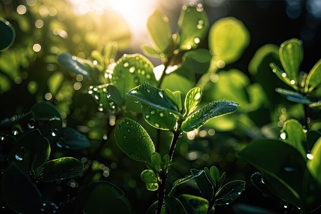 Closeup of green plants with water droplets and sunlight shining through