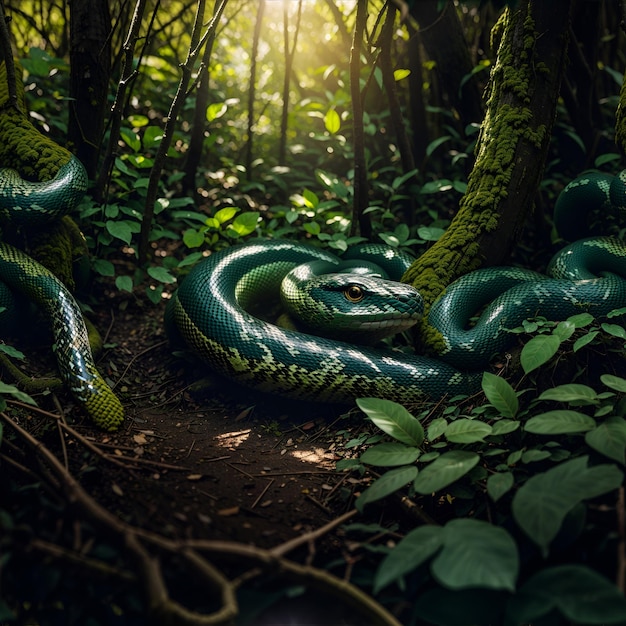 Foto primo piano di un serpente verde nella foresta serpente nella foresta