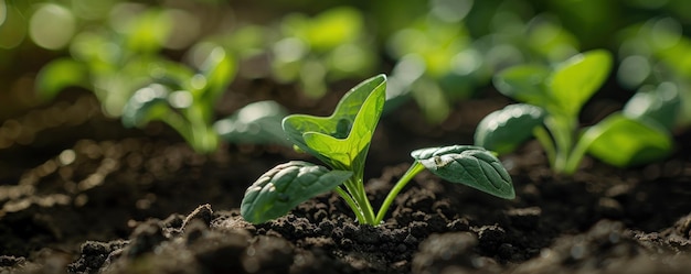 Closeup green sprouts of vegetables growing in black soil agricultural vegetable farm