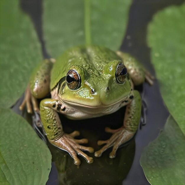 Foto closeup di una rana verde che si riposa su una superficie umida e scura