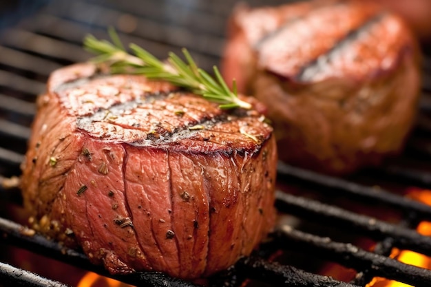 Closeup of grill marks on a succulent filet mignon