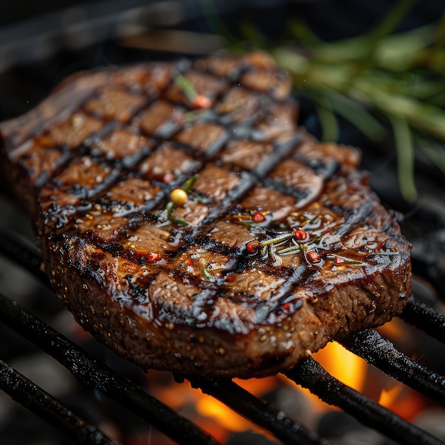 Foto close-up di una bistecca di manzo alla griglia concetto di carne bbq barbecue barbecue cucina gourmet