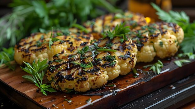 Closeup of grilled cauliflower steaks on wooden board with greens and herbs Concept Food Photography Grilled Cauliflower Closeup Shots Food Presentation Fresh Ingredients