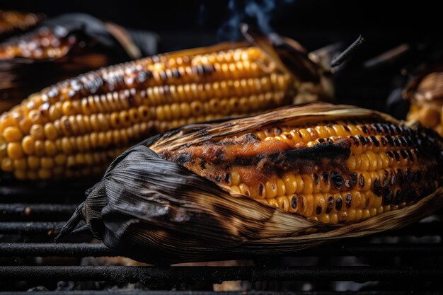 Closeup of grilled corn with smoke and char marks visible created with generative ai